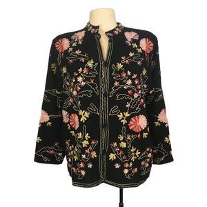 Boston Proper Black Floral Embroidered Sweater Jacket, Blazer, Mandarin Collar M